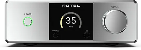 Rotel DX-5, integruotas stereo stiprintuvas su DAC ir Bluetooth - Priekinė panelė su ekranu ir valdikliais