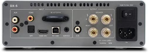 Rotel DX-5, integruotas stereo stiprintuvas su DAC ir Bluetooth - Galinė panelė su įvairiomis jungtimis