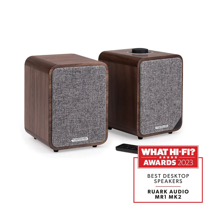 Ruark Audio MR1 MK2, bevielės - aktyvios kolonėlės - nuotolinio valdymo pultas ir apdovanojimo ženklelis