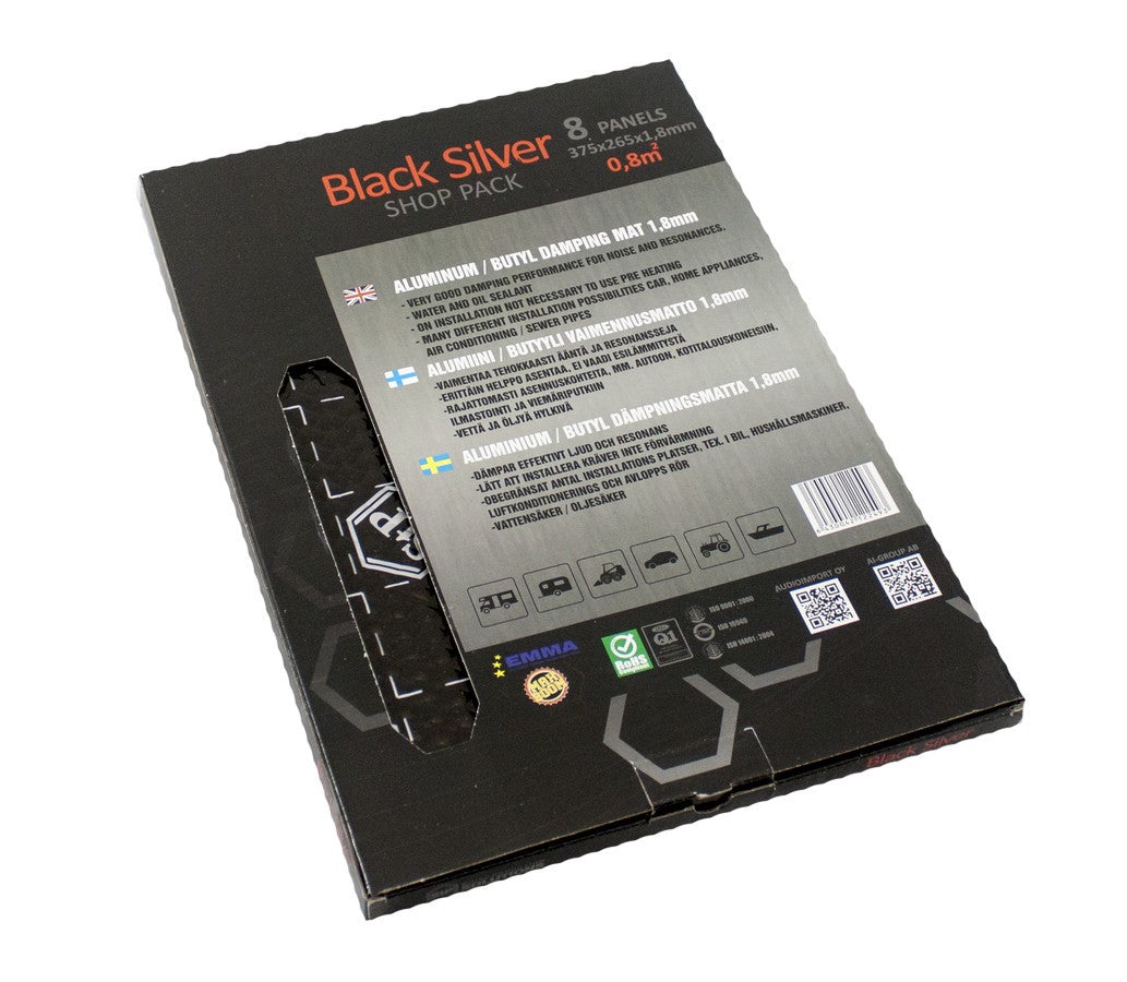 STP Black Silver Shop - Pakuotė su tekstu ir piktogramomis