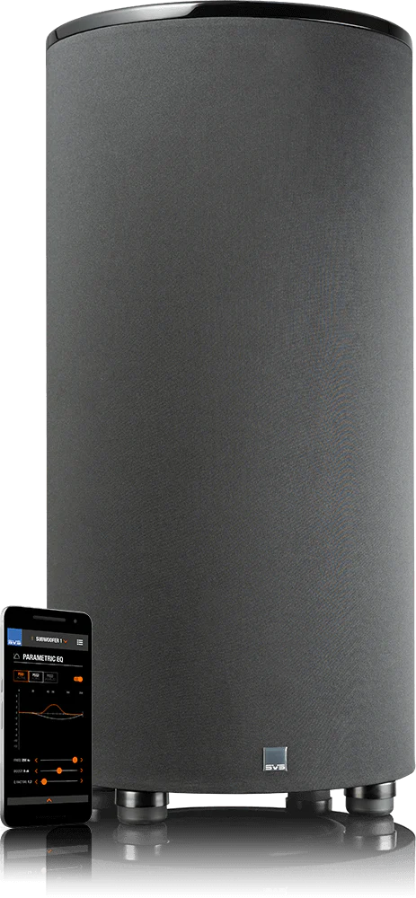 SVS PC-2000 Pro, aktyvi žemų dažnių kolonėlė - Telefonas su valdymo programėle šalia