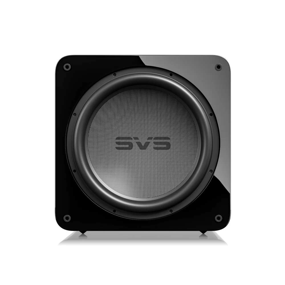 SVS SB17-Ultra R|Evolution, aktyvi žemų dažnių garso kolonėlė - Priekinė dalis su grotelėmis ir logotipu