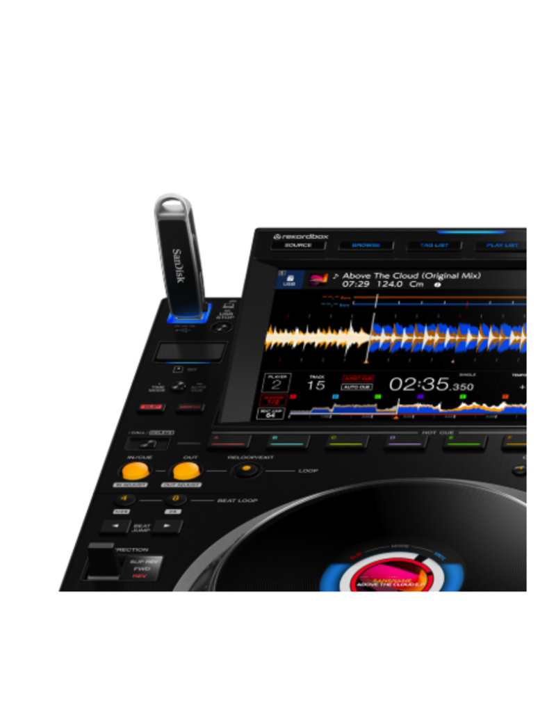 SanDisk 1TB didelės spartos dvigubas DJ USB atmintukas - USB atmintukas prijungtas prie DJ grotuvo ekrano