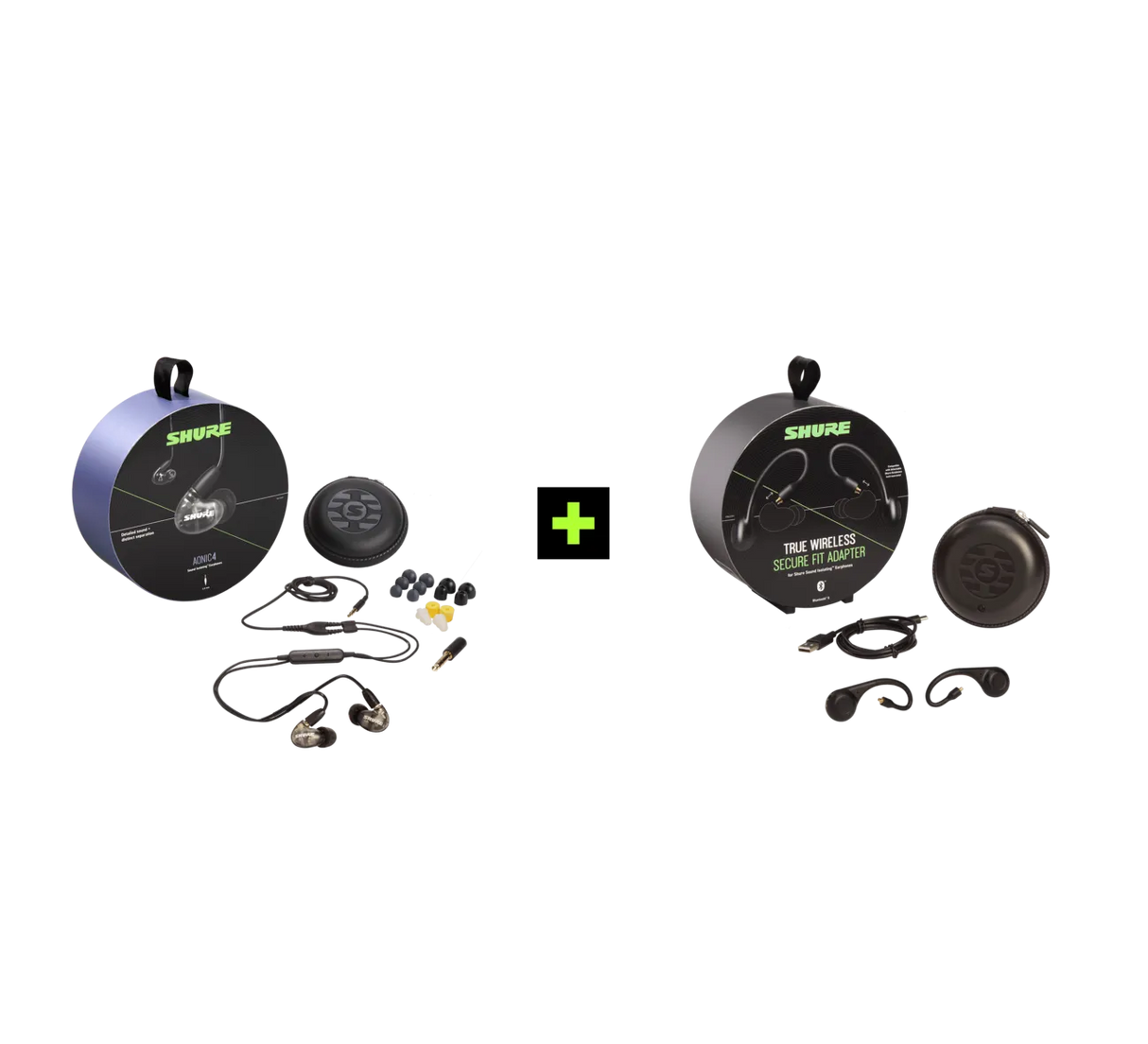 Shure AONIC 4 TRUE WIRELESS EARPHONE BUNDLE, Ausinių ir belaidžių ausi - Du skirtingi ausinių komplektai su priedais