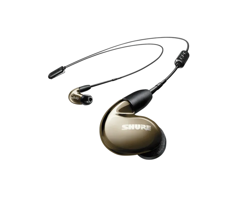 Shure SE846 WIRELESS, belaidės In-Ear tipo ausinės su išorinių garsų s - Šoninis vaizdas su laidais ir ausinėmis