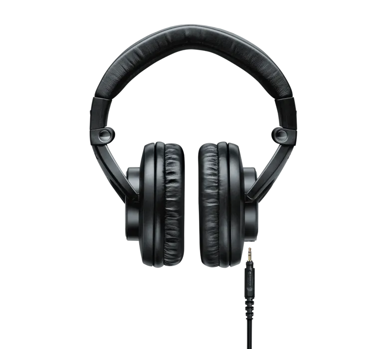 Shure SRH840, profesionalios monitorinės On-Ear tipo ausinės - šoninis vaizdas su laidu ir kištuku