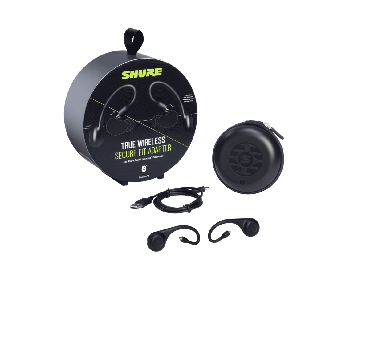 Shure TRUE WIRELESS SECURE FIT ADAPTER, adapteris belaidėms ausinėms - Komplektas su dėklu, laidu ir ausų kabliukais