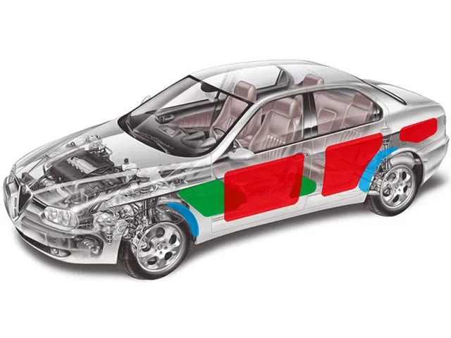 Silent Coat Extra Bulk, 23 lapai, vibraciją slopinanti medžiaga - Automobilio schemoje pažymėtos vietos garsui slopinti