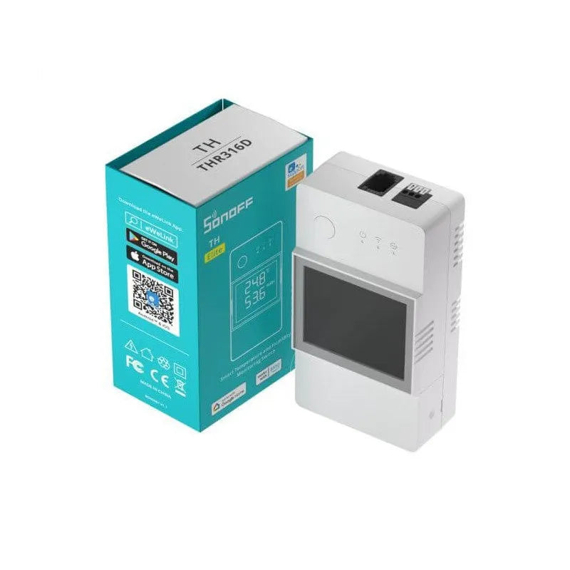 Sonoff TH Elite Smart Temperature and Humidity Monitoring Switch THR31 - priekinė panelė su ekranu ir jungtimis