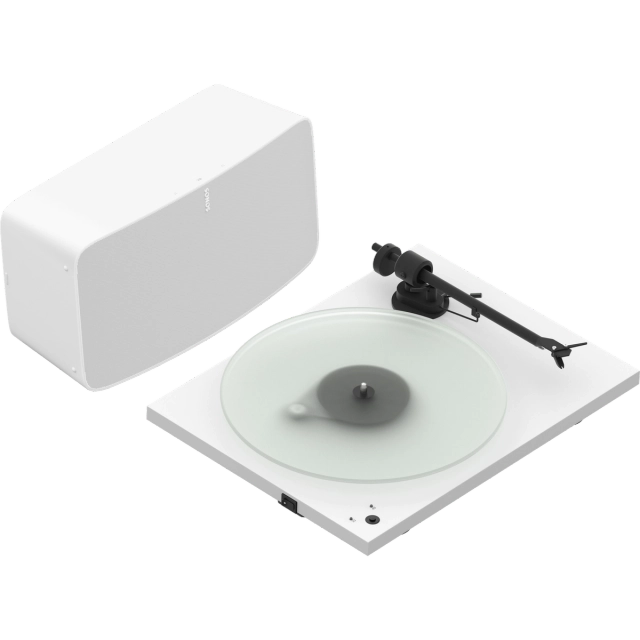 Sonos Pro-Ject T1 ir Five garso kolonėlė, patefono komplektas (įvarių - baltas patefonas su kolonėle iš arti