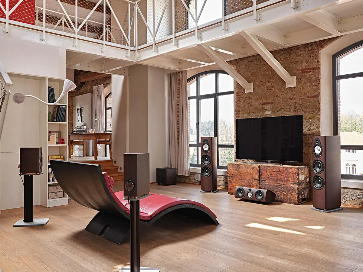 Sonus Faber SONETTO II G2, lentyninė garso kolonėlė - Garsiakalbis ant rudos medienos pagrindo