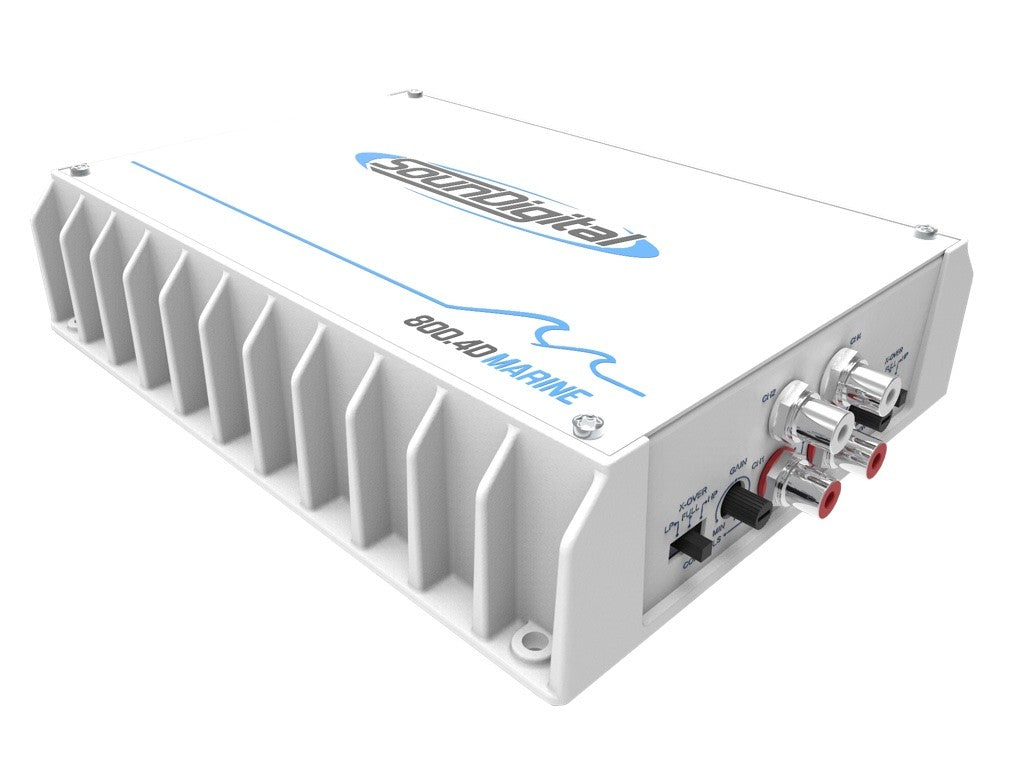 SounDigital 800.4D MARINE 2ohms - Baltas stiprintuvas su mėlynu logotipu