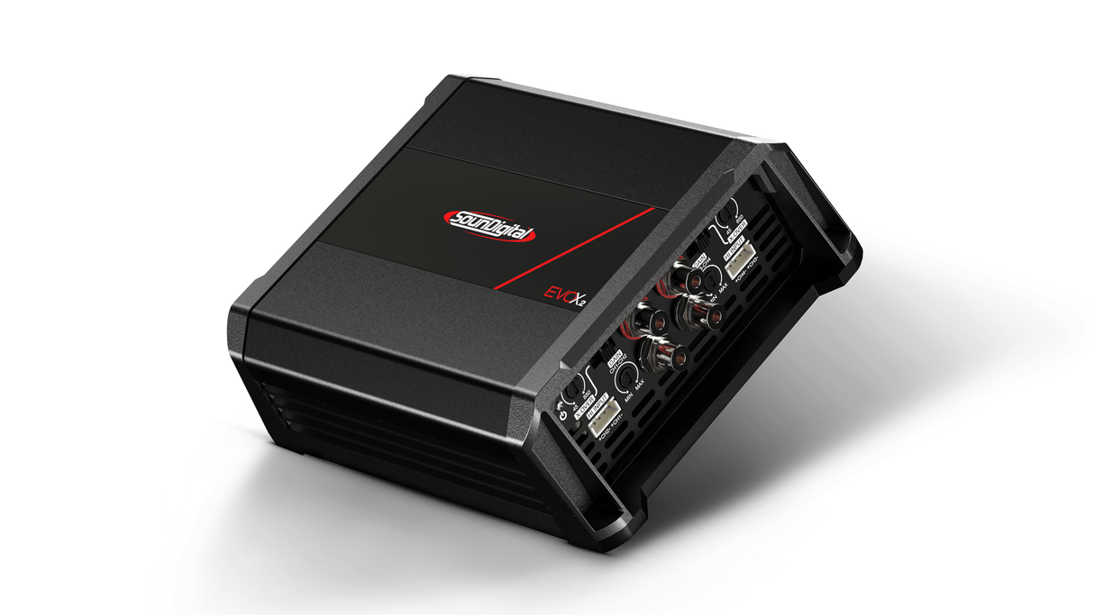 SounDigital SD1200.4 EVOX2 4 ohm - šoninis vaizdas su jungtimis ir valdikliais