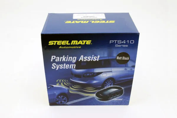 Steel Mate PTS410EX, juodas matinis, galo parkavimo sistema - Pakuotės dizainas su automobilio ir daviklių iliustracija