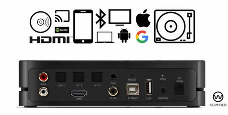 System Audio Stereo Hub, komutatorius - galinė panelė su jungtimis ir piktogramomis