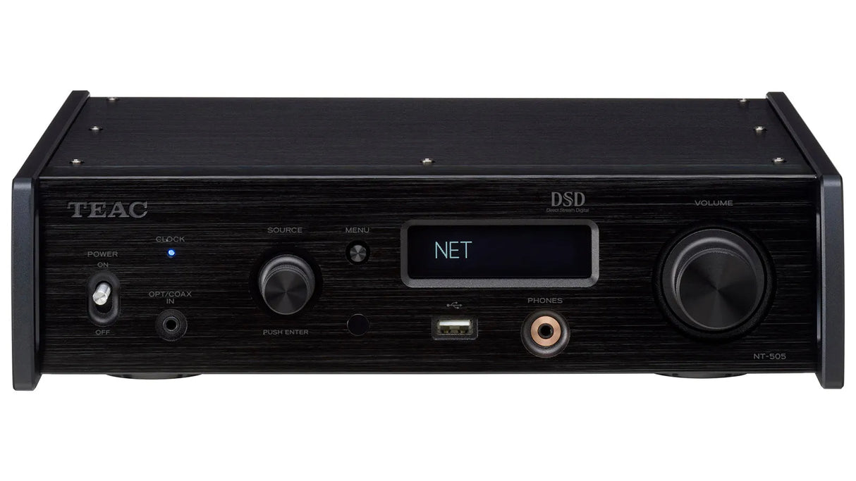TEAC NT-505, USB DAC tinklo grotuvas - Priekinė panelė su jungtimis ir ekrano rodmenimis