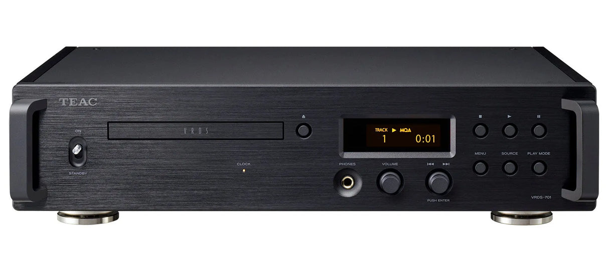 TEAC VRDS-701, CD grotuvas - priekinė panelė su jungtimis ir ekrano informacija