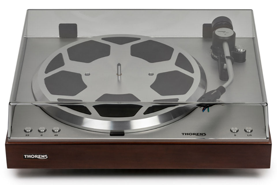 Thorens TD 404 DD, patefonas - Medinis pagrindas su prekės ženklu ir mygtukais