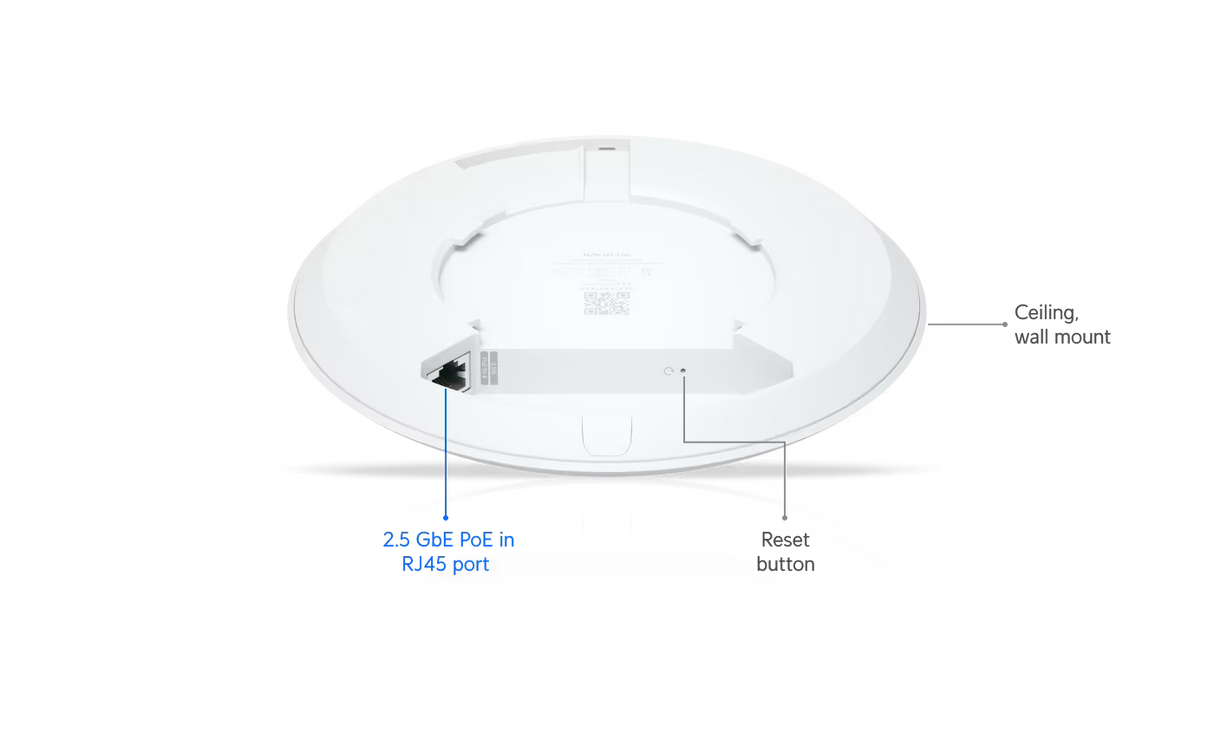 UBIQUITI UniFi U7 Lite, belaidžio tinklo prieigos taškas - Galinė pusė su jungtimis ir mygtukais