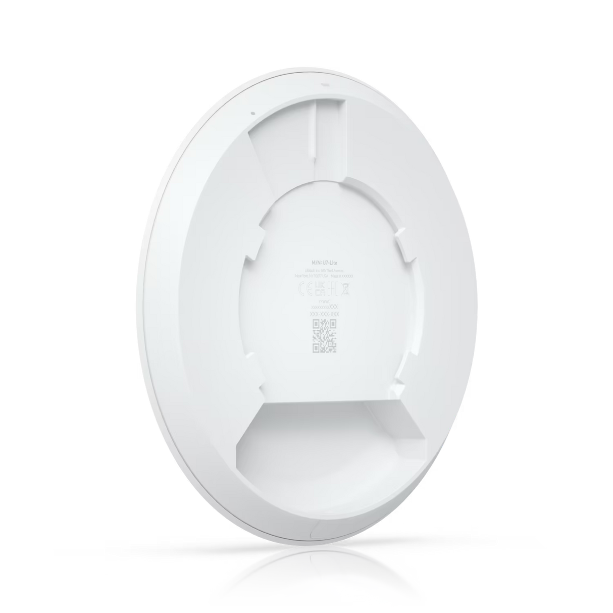 UBIQUITI UniFi U7 Lite, belaidžio tinklo prieigos taškas - galinė pusė su informacija ir tvirtinimo detalėmis