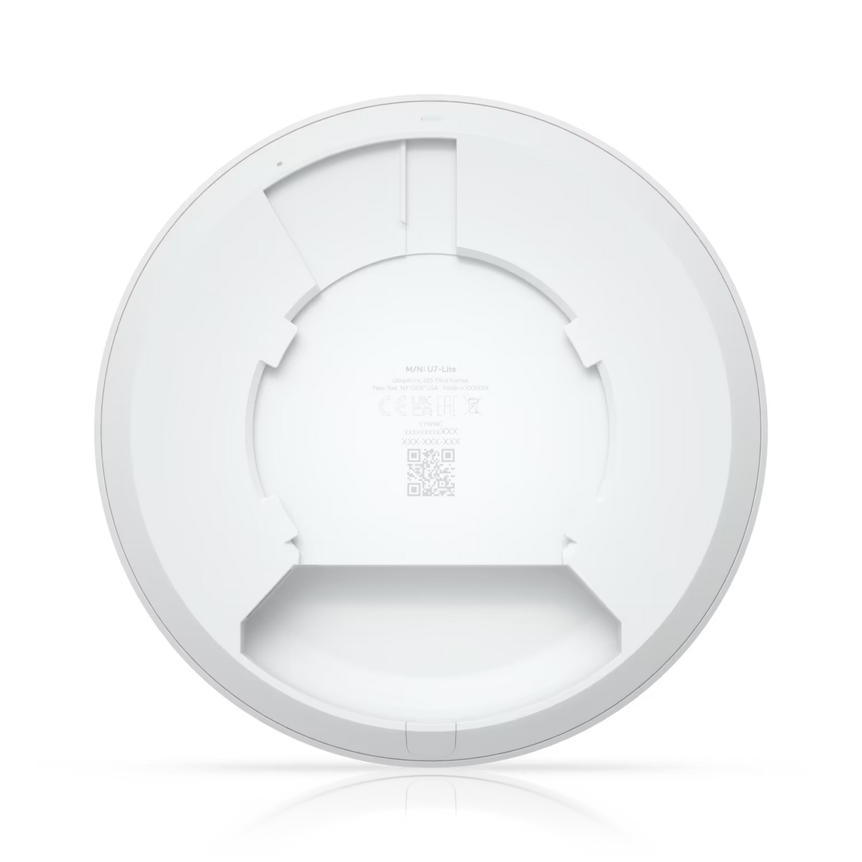 UBIQUITI UniFi U7 Lite, belaidžio tinklo prieigos taškas - galinė dalis su užrašais ir tvirtinimo detalėmis