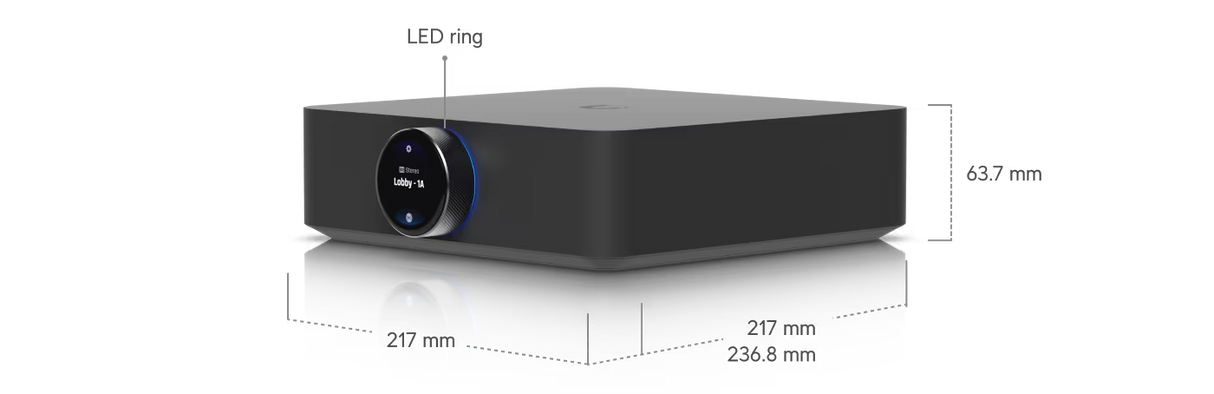 UBIQUITI UniFi UPL-Amp, tinklinis galios stiprintuvas su HDMI eARC - priekinis skydelis su ekranu ir ratuku
