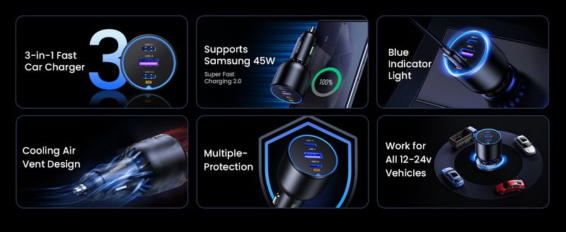 UGREEN 130W automobilinis įkroviklis, 2x USB-C + USB - Šoninis vaizdas su aušinimo angomis