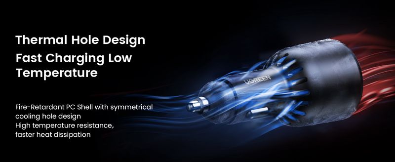 UGREEN 130W automobilinis įkroviklis, 2x USB-C + USB - Aušinimo angų dizainas su mėlynomis linijomis