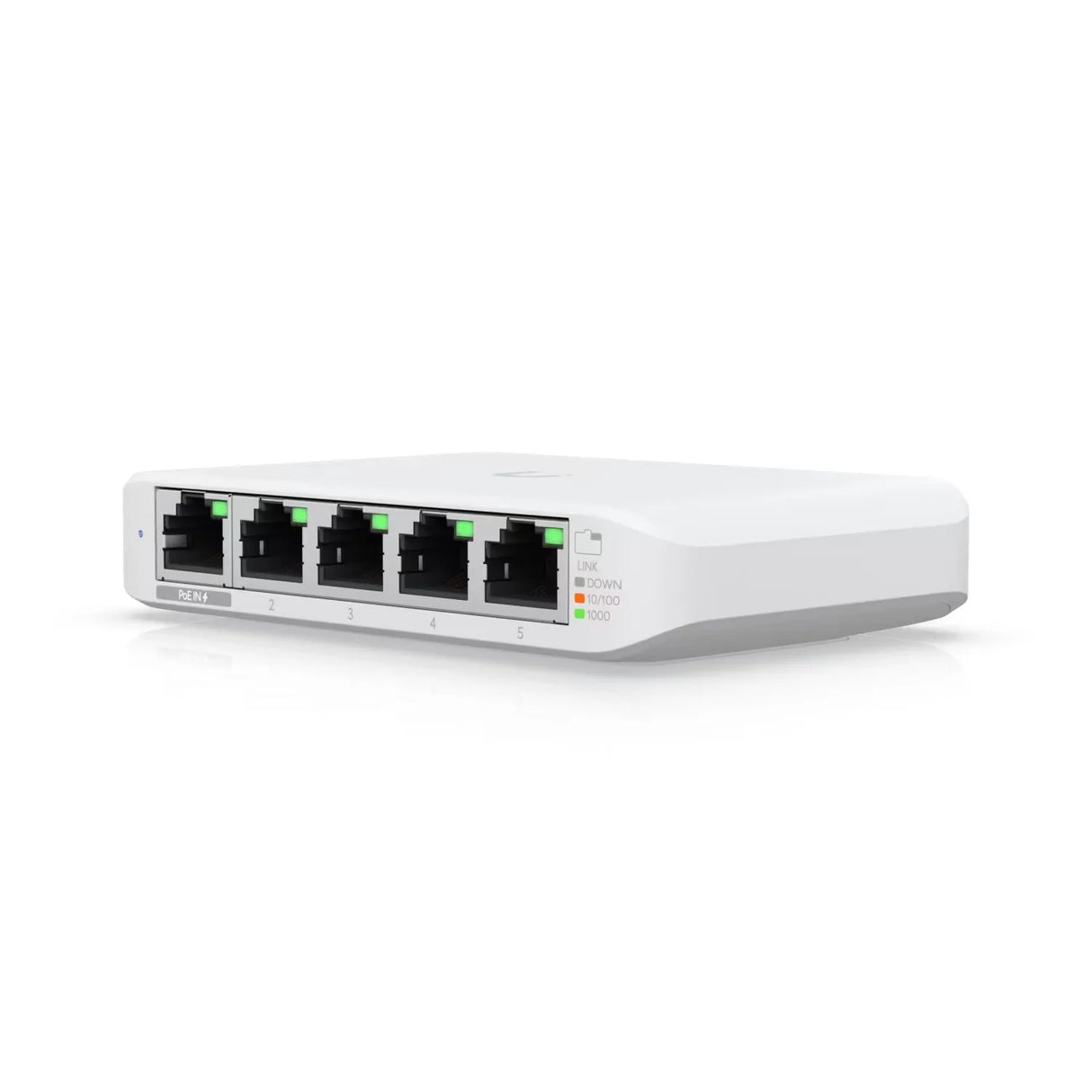 Ubiquiti UniFi USW-Flex-Mini-EU, 5 prievadų komutatorius - priekinė panelė su jungtimis ir indikatoriais