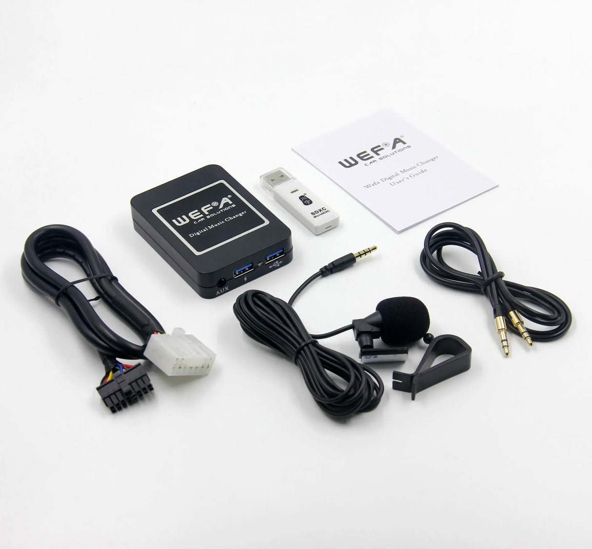 WEFA, 04BT, USB/BT adapteris 5+7 Toyota, Lexus - visos jungtys ir laidai išdėstyti ant stalo