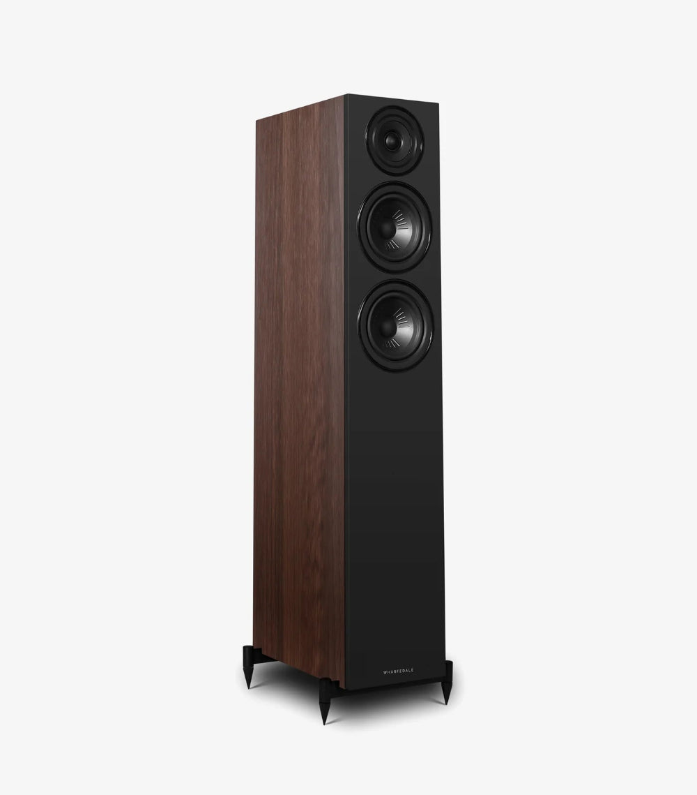Wharfedale DIAMOND 12.3i, grindinės garso kolonėlės - Šoninis vaizdas su medžio raštais ir juoda panele