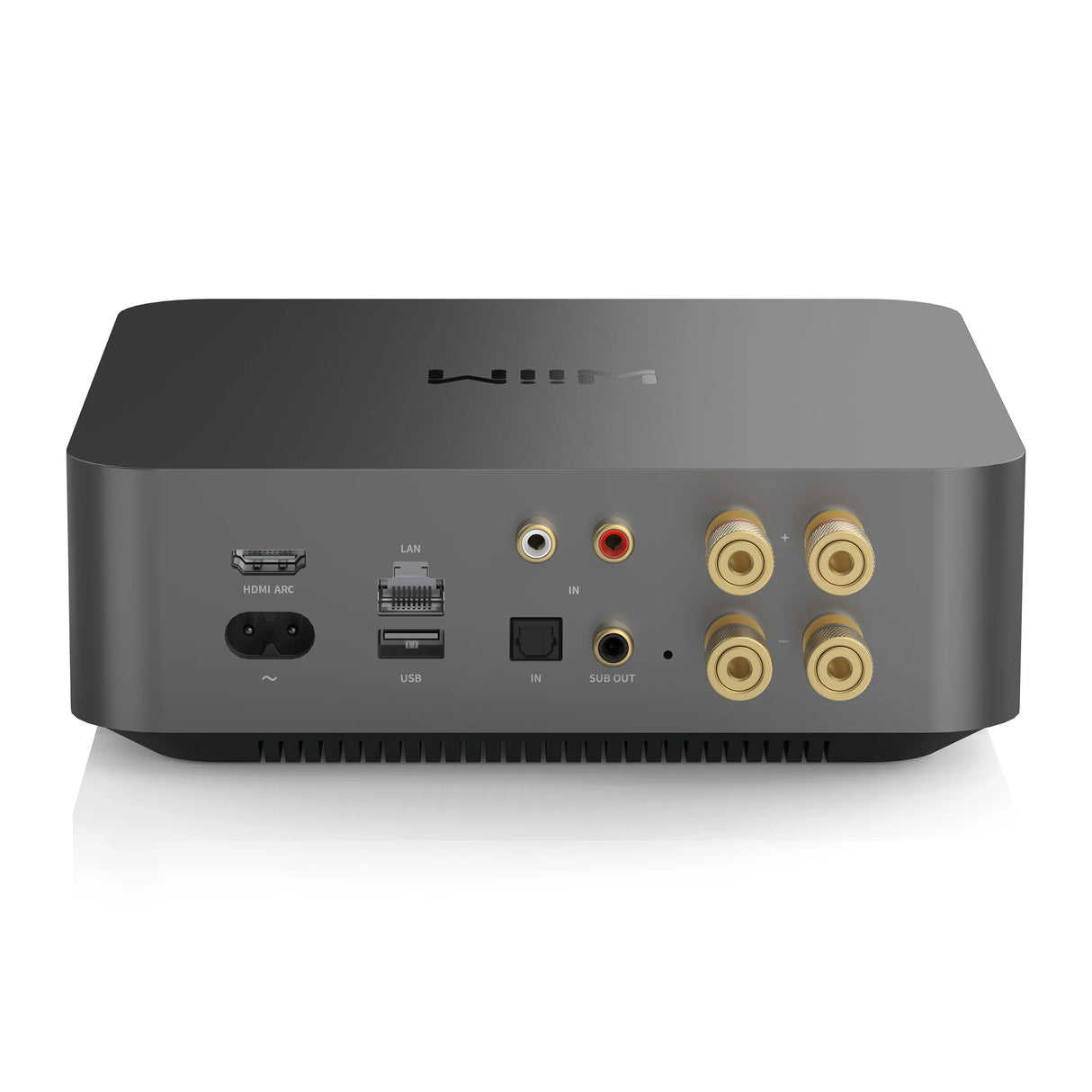 WiiM AMP PRO, integruotas garso stiprintuvas 2x100W HDMI ARC - galinė panelė su jungtimis ir garsiakalbių išėjimais