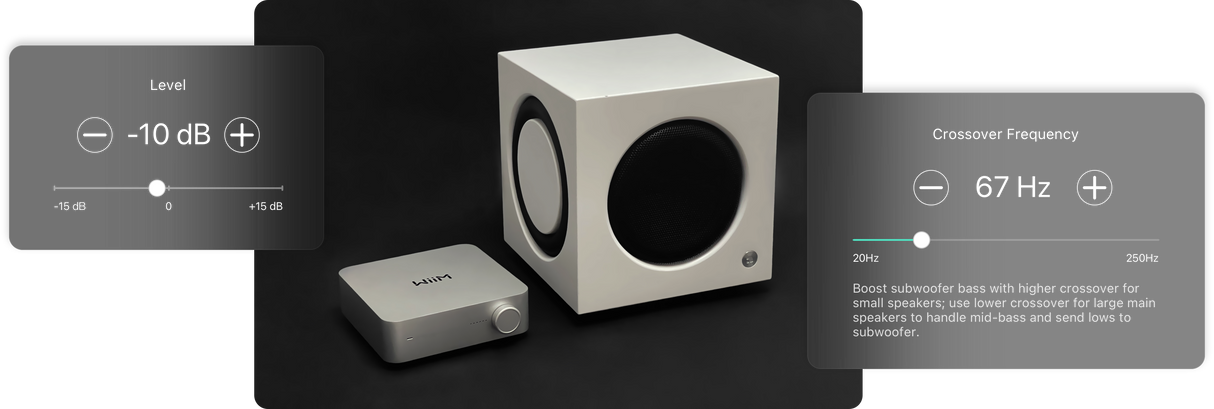 WiiM AMP PRO, integruotas garso stiprintuvas 2x100W HDMI ARC - ekranėlis su garso reguliavimu ir dažnio nustatymais