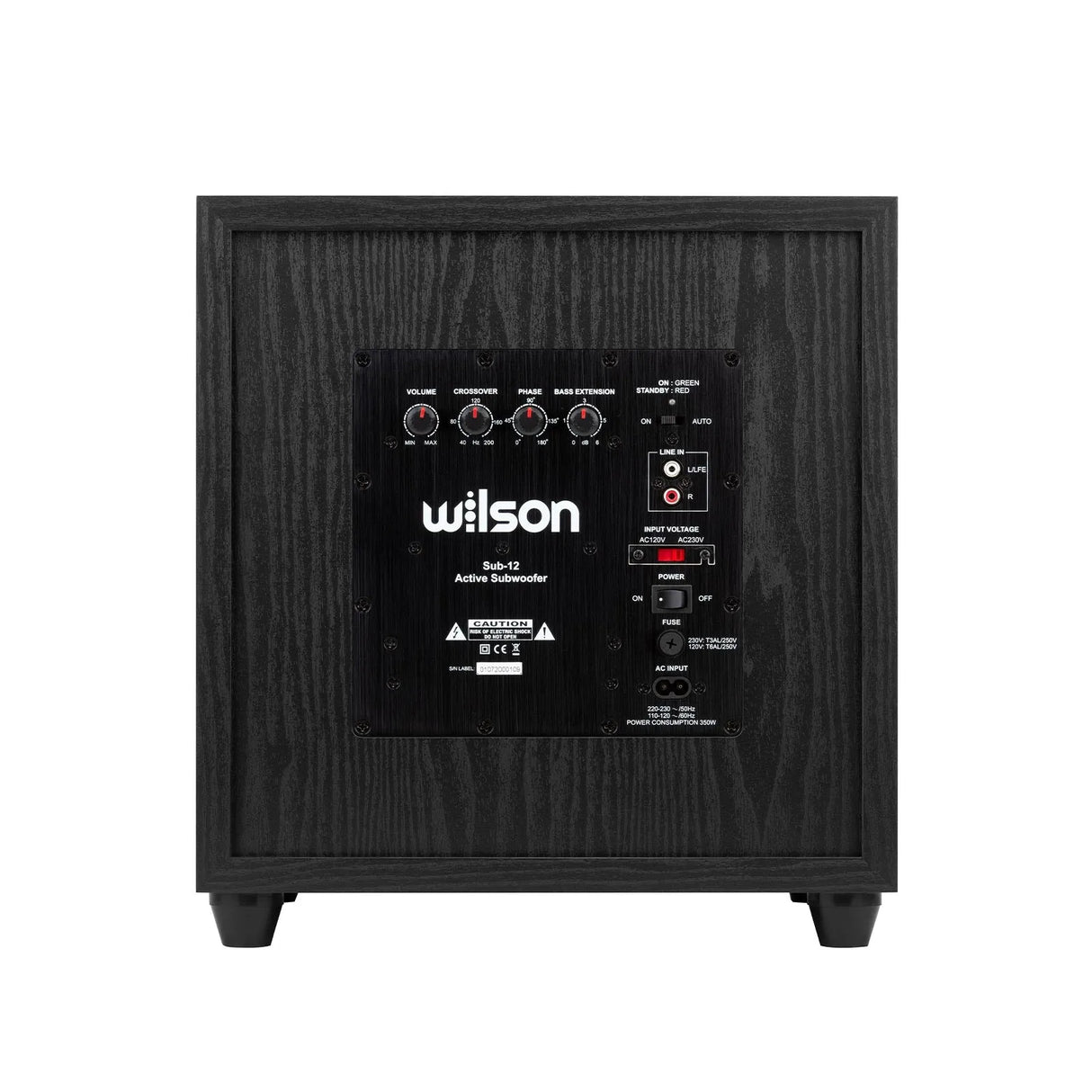 Wilson SUB-12, žemų dažnių garso kolonėlė (įvairių spalvų) - galinė panelė su jungtimis ir valdymo elementais