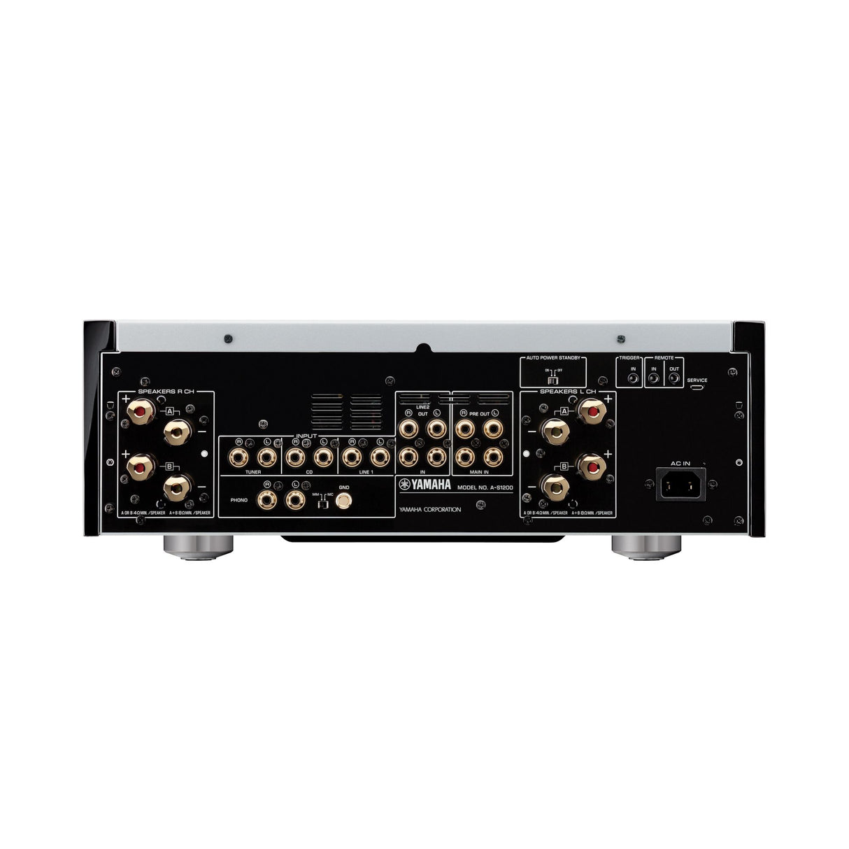 Yamaha A-S1200 stiprintuvas (juodas) - galinė panelė su jungtimis ir ventiliacija