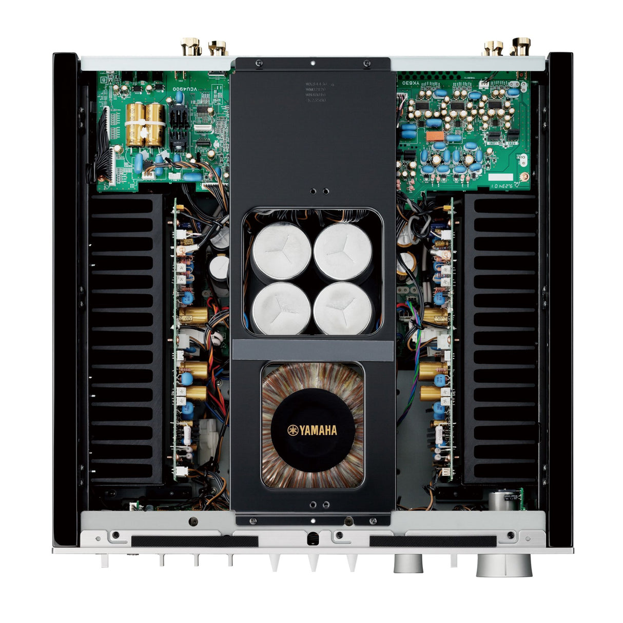 Yamaha A-S2200 HiFi stereo stiprintuvas (juodas/piano juodas) - vidinė stiprintuvo dalis su komponentais