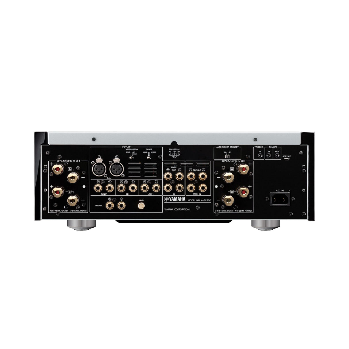 Yamaha A-S2200 HiFi stereo stiprintuvas (juodas/piano juodas) - galinė panelė su daugybe jungčių