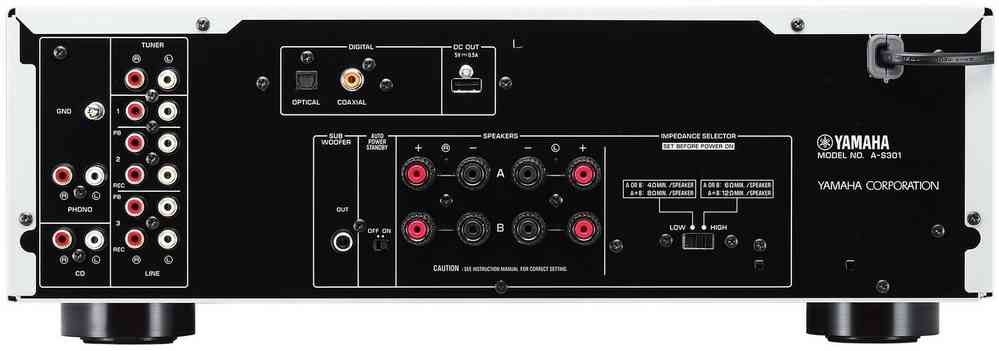 Yamaha A-S301 stiprintuvas (sidabrinis) - galinė panelė su įvairiomis jungtimis ir jungikliais