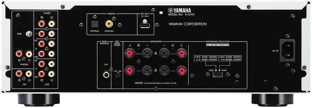 Yamaha A-S701 stiprintuvas (juodas) - galinė panelė su jungtimis ir lipduku