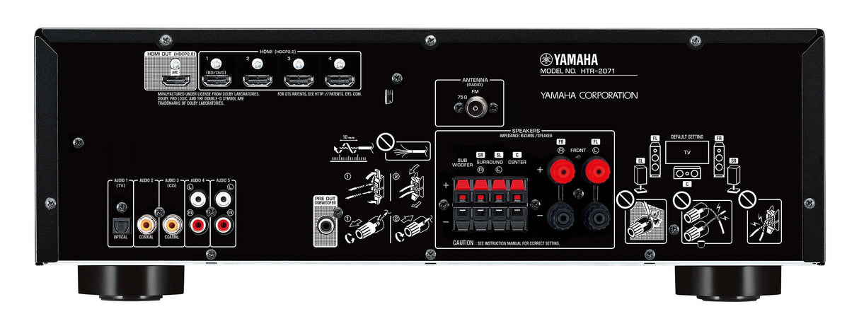 Yamaha HTR-2071 AV imtuvas (juodas) - galinė panelė su jungtimis ir instrukcijomis