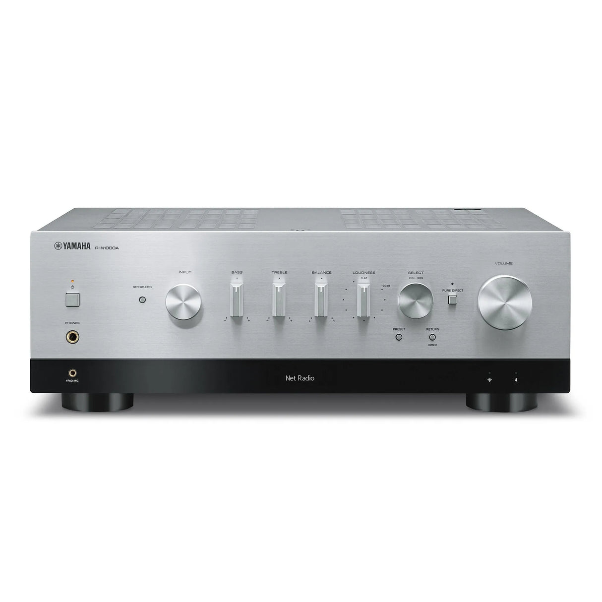 Yamaha R-N1000A, Išmanus stereo stiprintuvas su HDMI ARC - priekinė panelė su valdymo mygtukais ir jungtimis