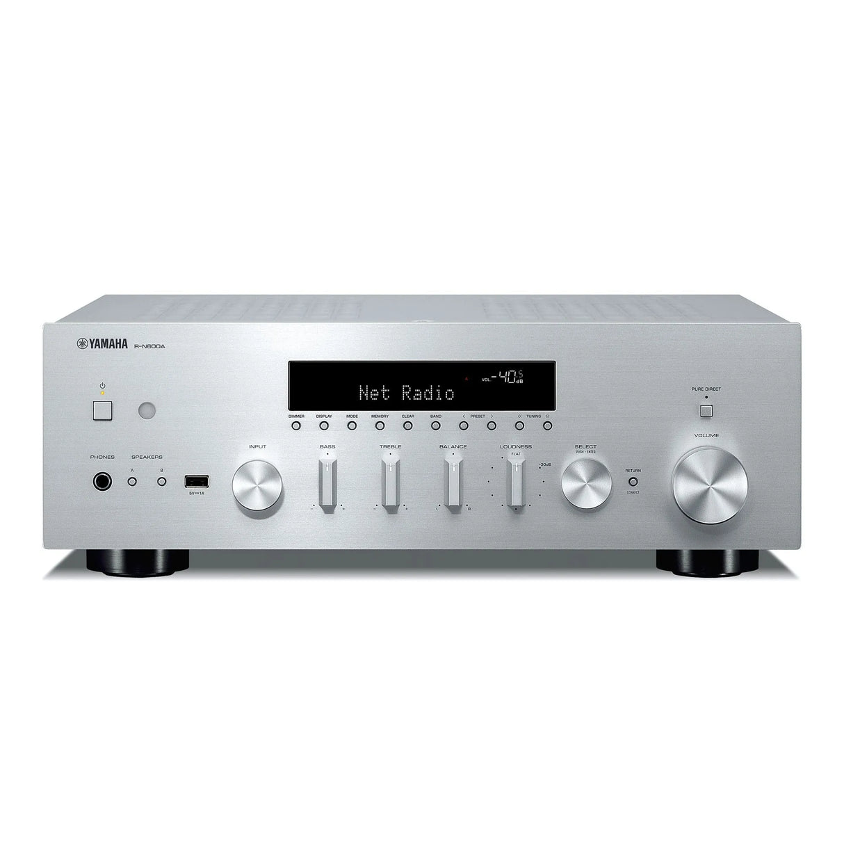 Yamaha R-N600A, Išmanus stereo stiprintuvas be HDMI ARC - priekinė panelė su mygtukais ir ekrano apšvietimu