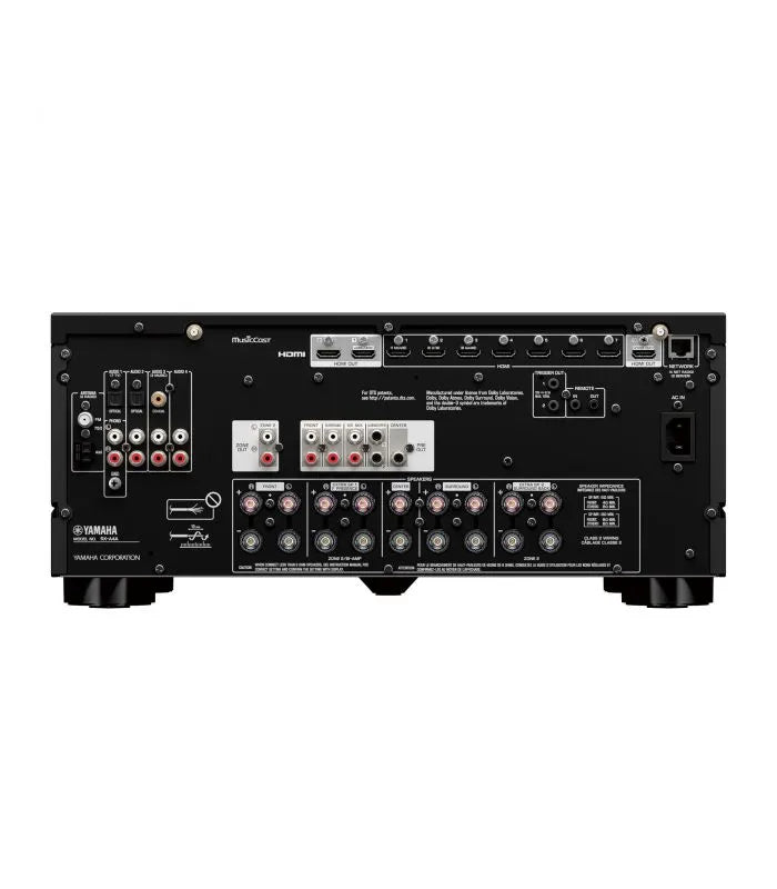 Yamaha RX-A4A, 7.2 kanalų Resyveris-Stiprintuvas su Dolby Atmos - galinė panelė su daugybe jungčių ir laidų prijungimo taškų