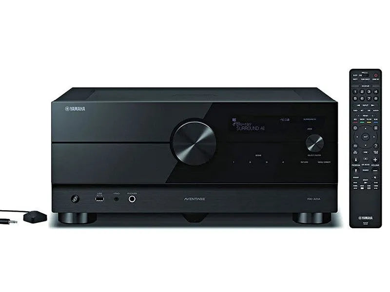 Yamaha RX-A6A, 9.2 kanalų Resyveris-Stiprintuvas su Dolby Atmos - priekinė panelė su USB ir ausinių jungtimis bei pultelis