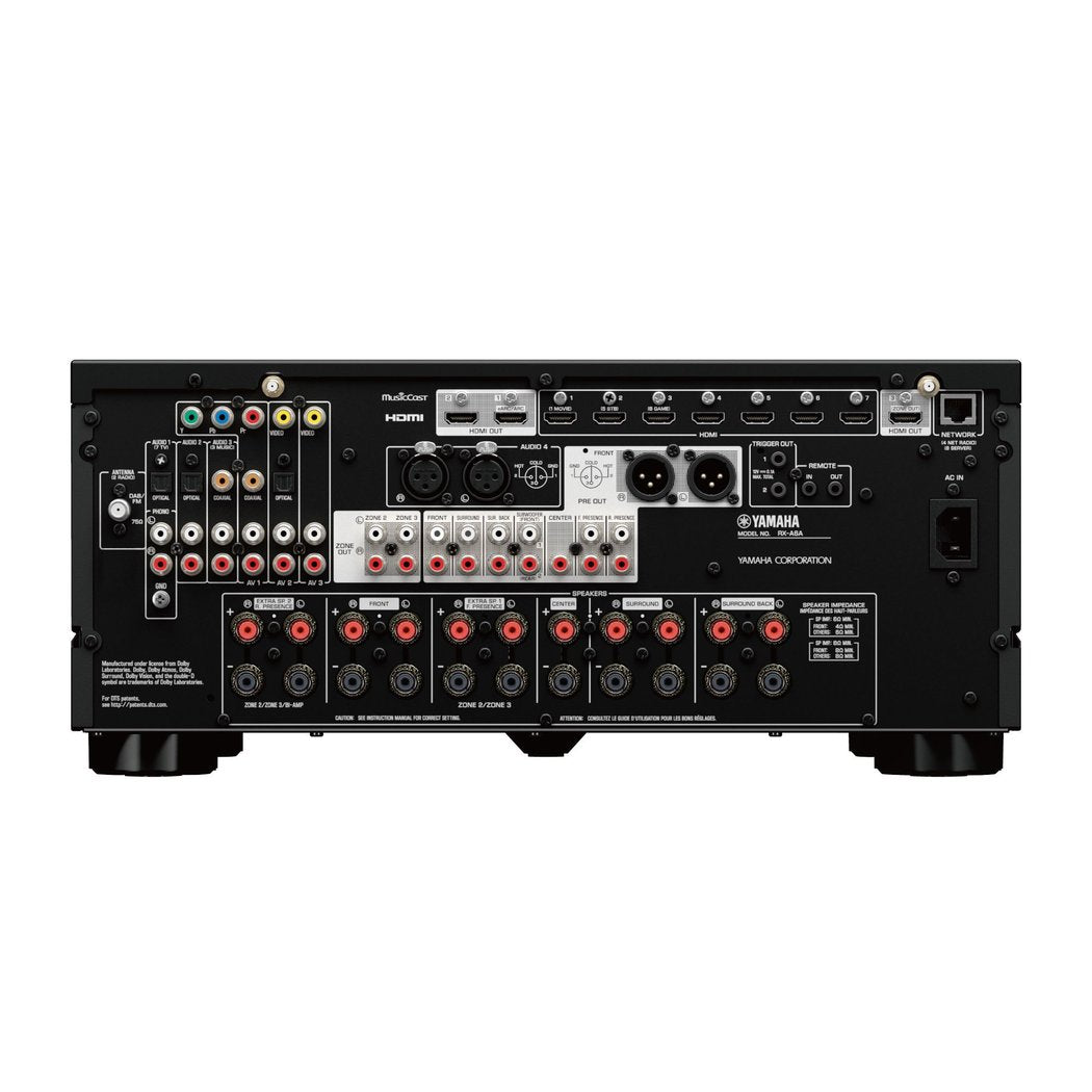 Yamaha RX-A6A AV receiver (black) - galinė panelė su daugybe jungčių