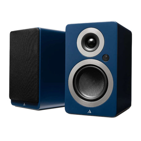 Argon Audio Forte A4 Wifi, aktyvios lentyninės garso kolonėlės - Mėlynos kolonėlės, atsuktos šonu, su grotelėmis