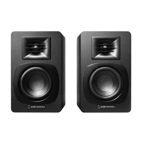 Audio Technica AT-SP3X, aktyvios lentyninės garso kolonėlės - Du garsiakalbiai, priekinė dalis, logotipas