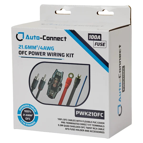 Auto Connect PWK21OFC, laidų rinkinys automobilio stiprintuvui, 21,6 mm² / 4 AWG OFC - Pakuotė su laidų rinkinio detalėmis