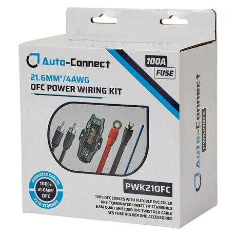 Auto Connect PWK21OFC, laidų rinkinys automobilio stiprintuvui, 21,6 mm² / 4 AWG OFC - Pakuotė su laidų rinkinio detalėmis