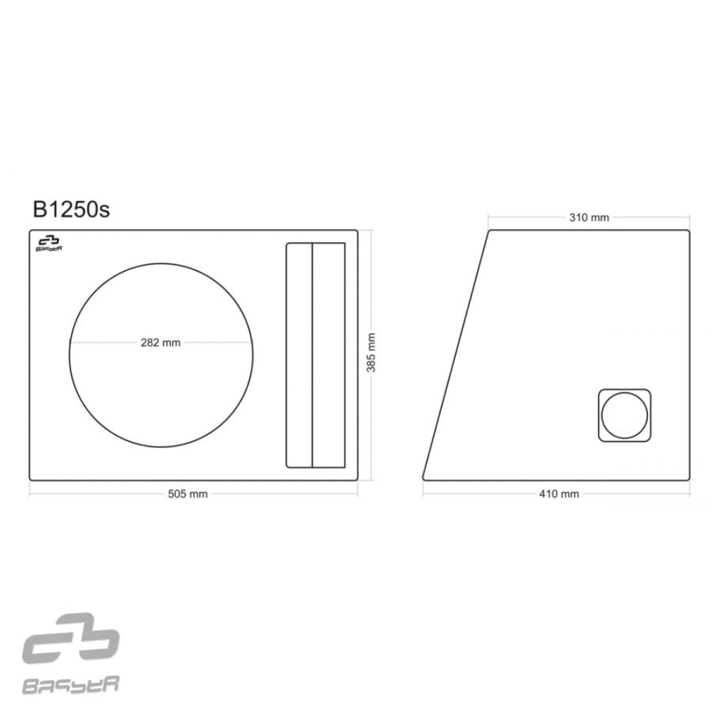 BASSER B1250s, 30 cm, žemų dažnių garsiakalbio dėžė, 50L - Brėžiniai su matmenimis ir kampuota forma